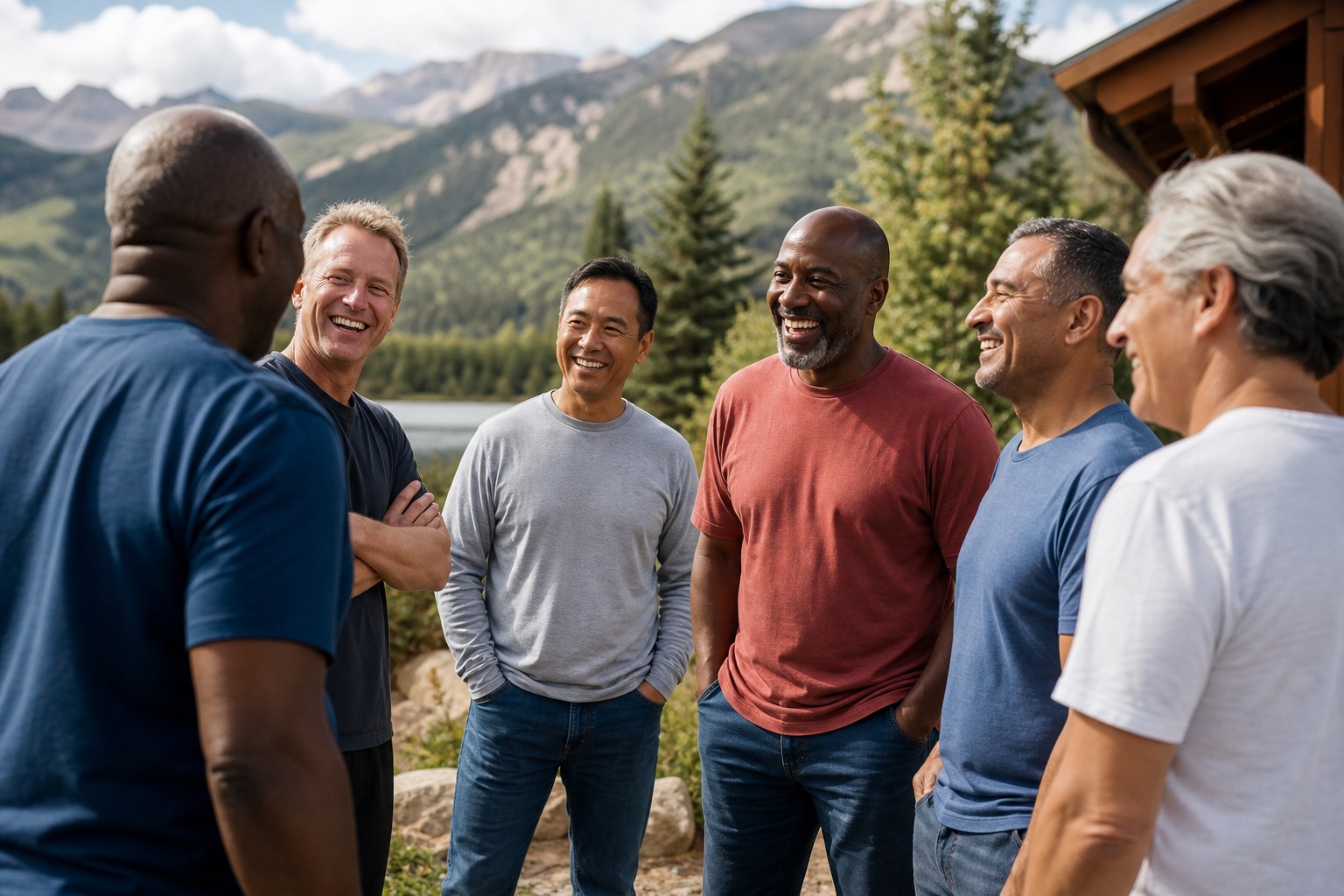 Seis hombres riendo juntos al aire libre con vistas a un lago de montaña