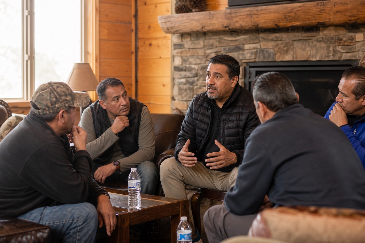 Cinco hombres sentados juntos junto a una chimenea en conversación cálida