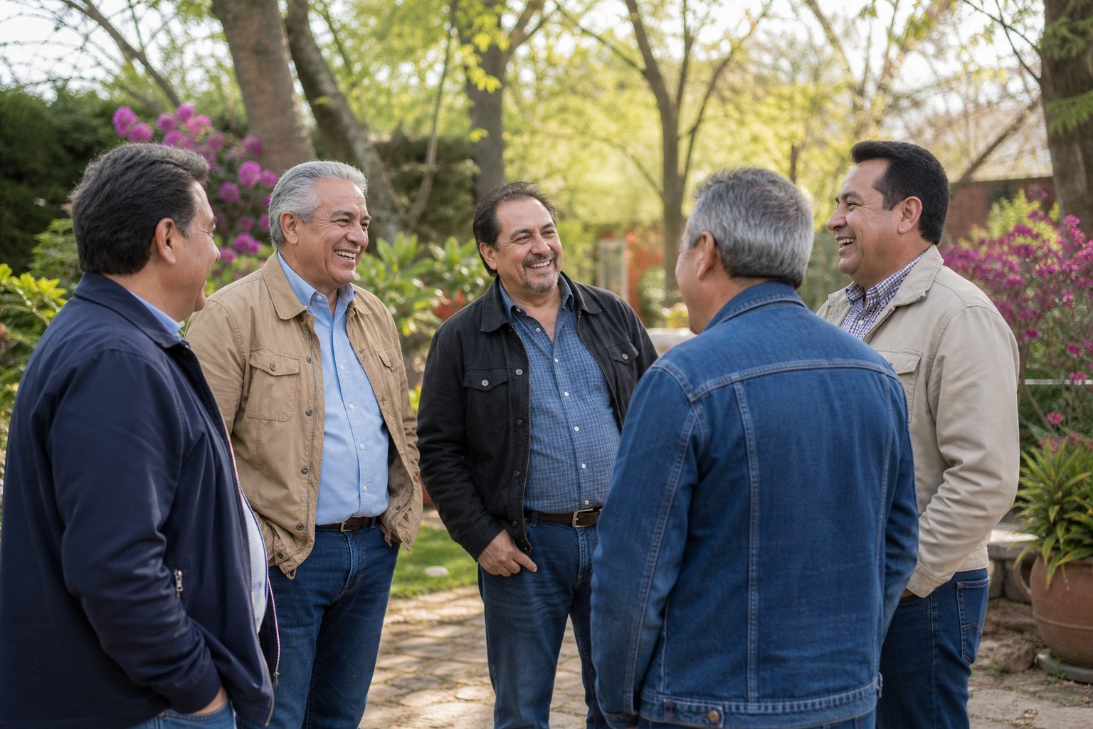 Cinco hombres mayores en sus sesenta años charlando juntos en un jardín