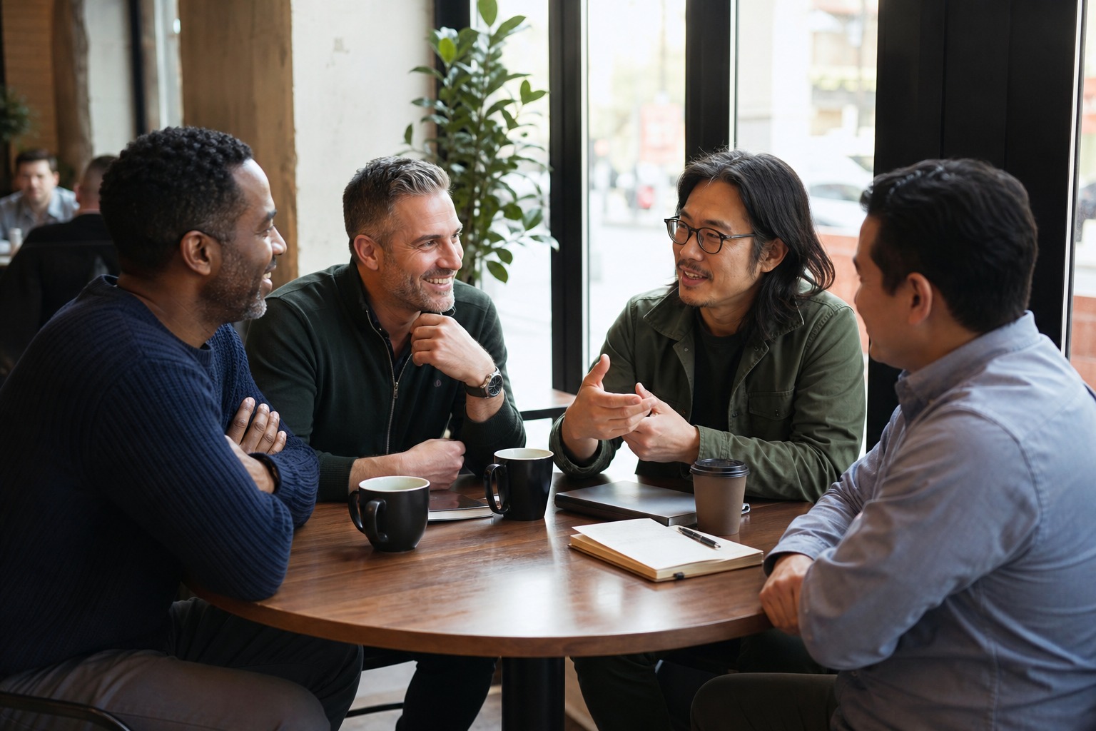 Cuatro hombres hablando alrededor de una mesa en una cafetería