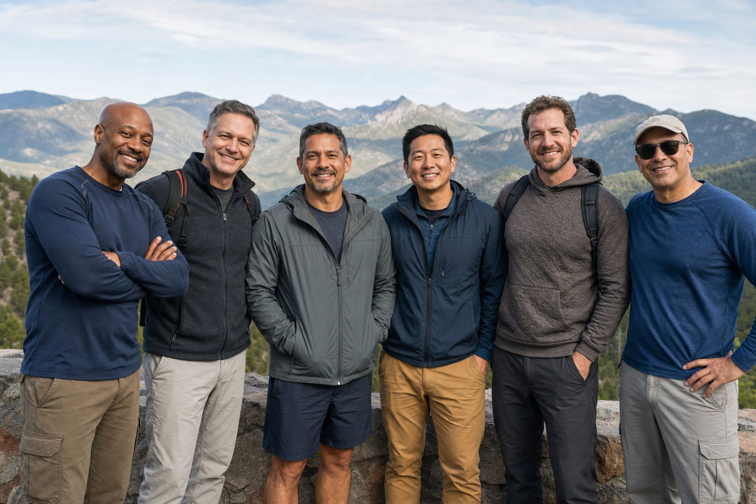 Seis hombres de pie juntos en un mirador de montaña durante una caminata