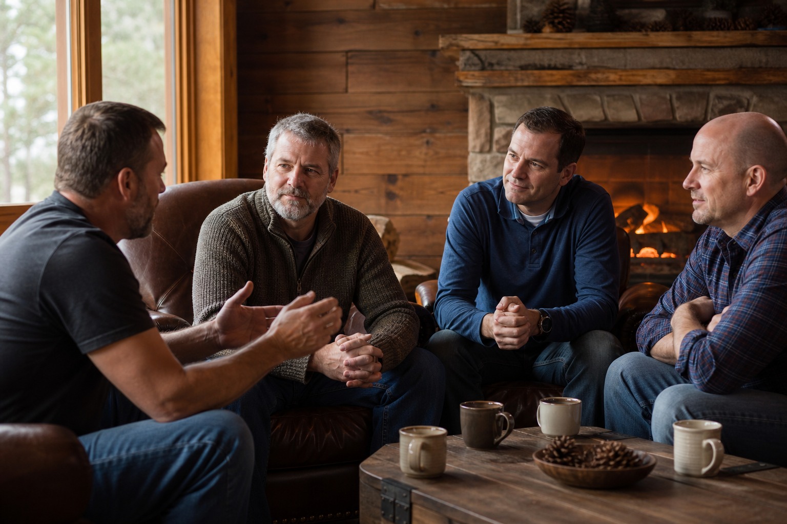 Cuatro hombres conversando junto a la chimenea de una cabaña con tazas de café