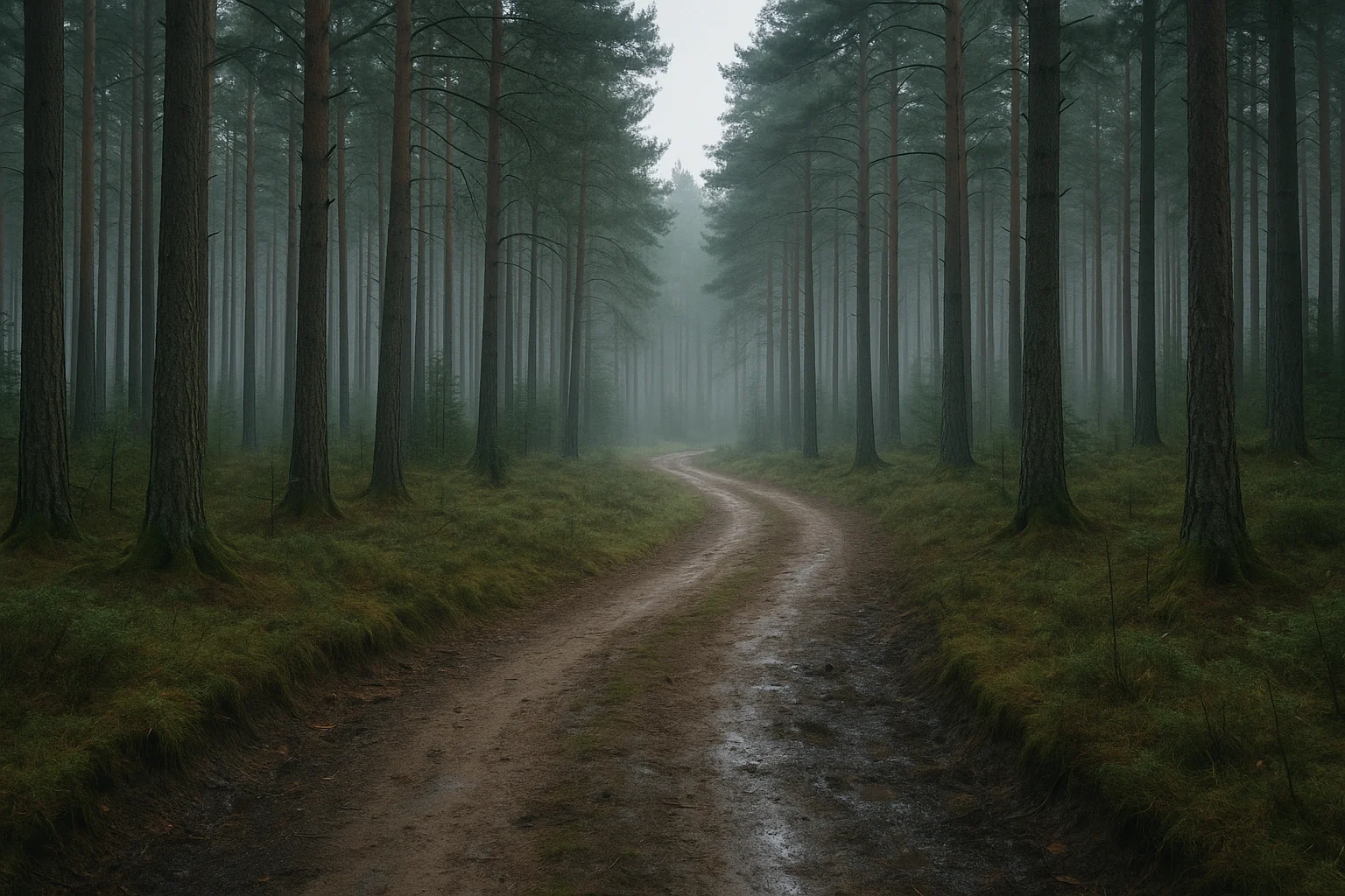 An empty dirt trail curving through misty pine woods at first light
