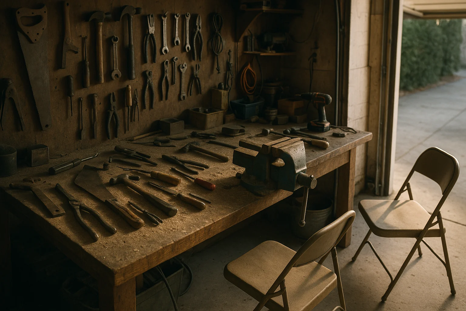 A garage workbench covered in hand tools with two folding chairs pulled up beside it