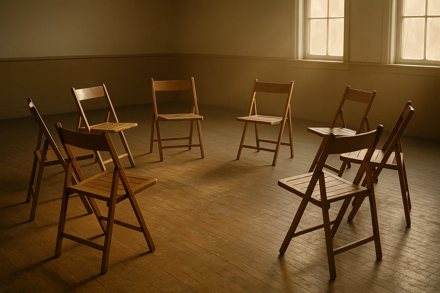 Wooden folding chairs set out in a circle in a plain hall before a meeting