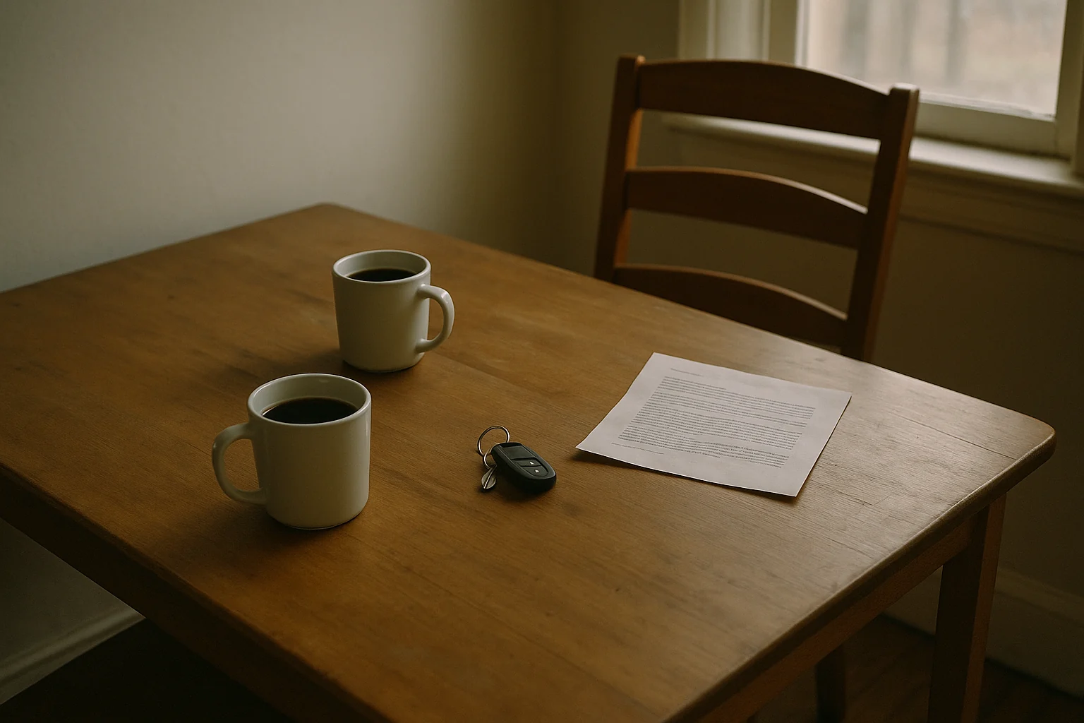 A plain kitchen table with two mugs of coffee, car keys and a sheet of paper in early morning light