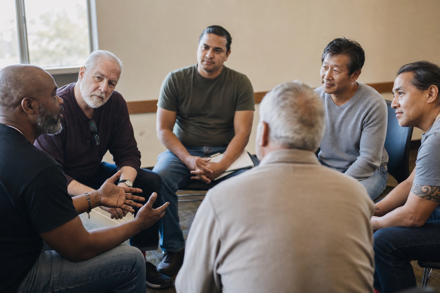Seis hombres sentados en círculo en una sala comunitaria mientras uno habla