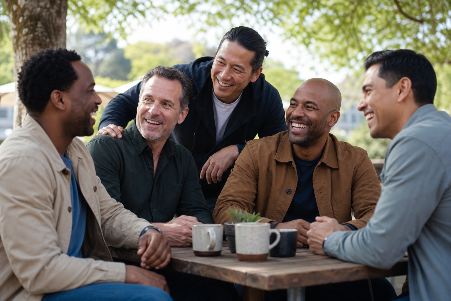 Cinco hombres riendo juntos en persona en una mesa al aire libre