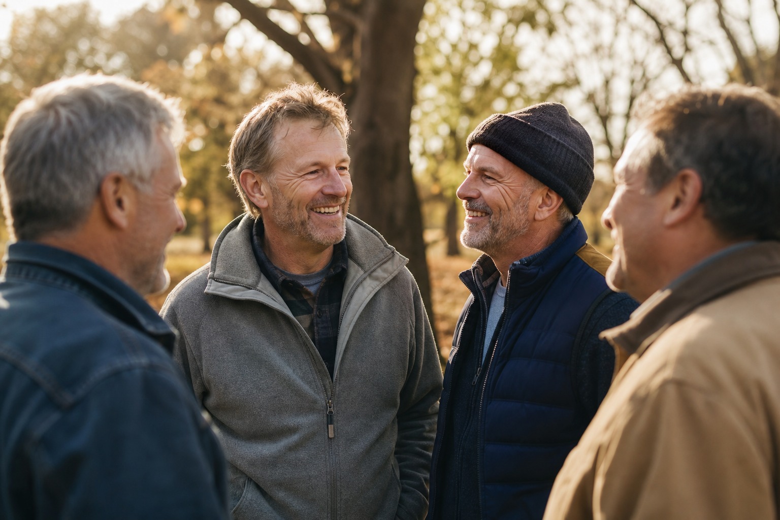 Cuatro hombres mayores conversando al aire libre entre árboles otoñales