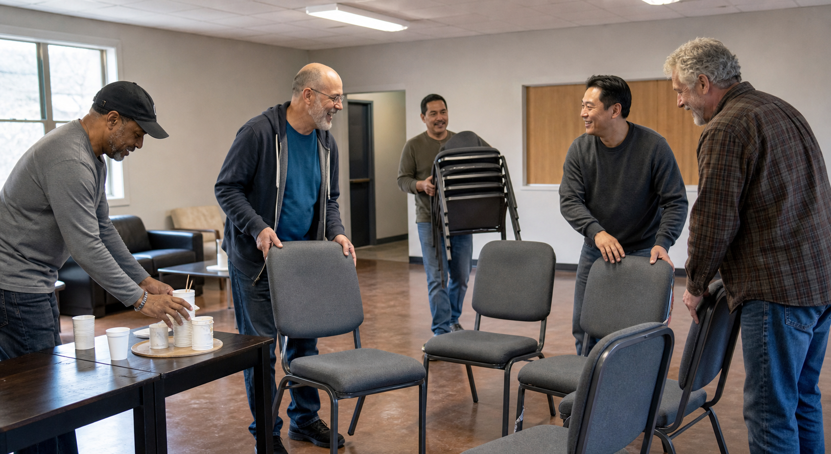 Homens sentados em círculo, engajados em conversa
