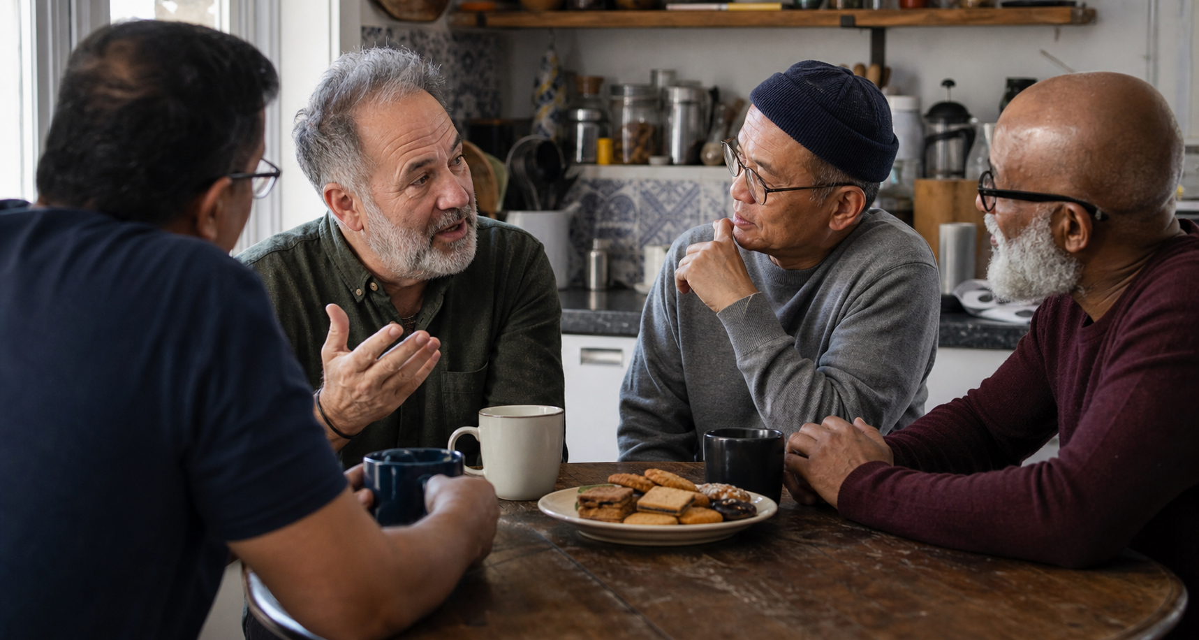 Homens em um encontro de fraternidade, construindo laços