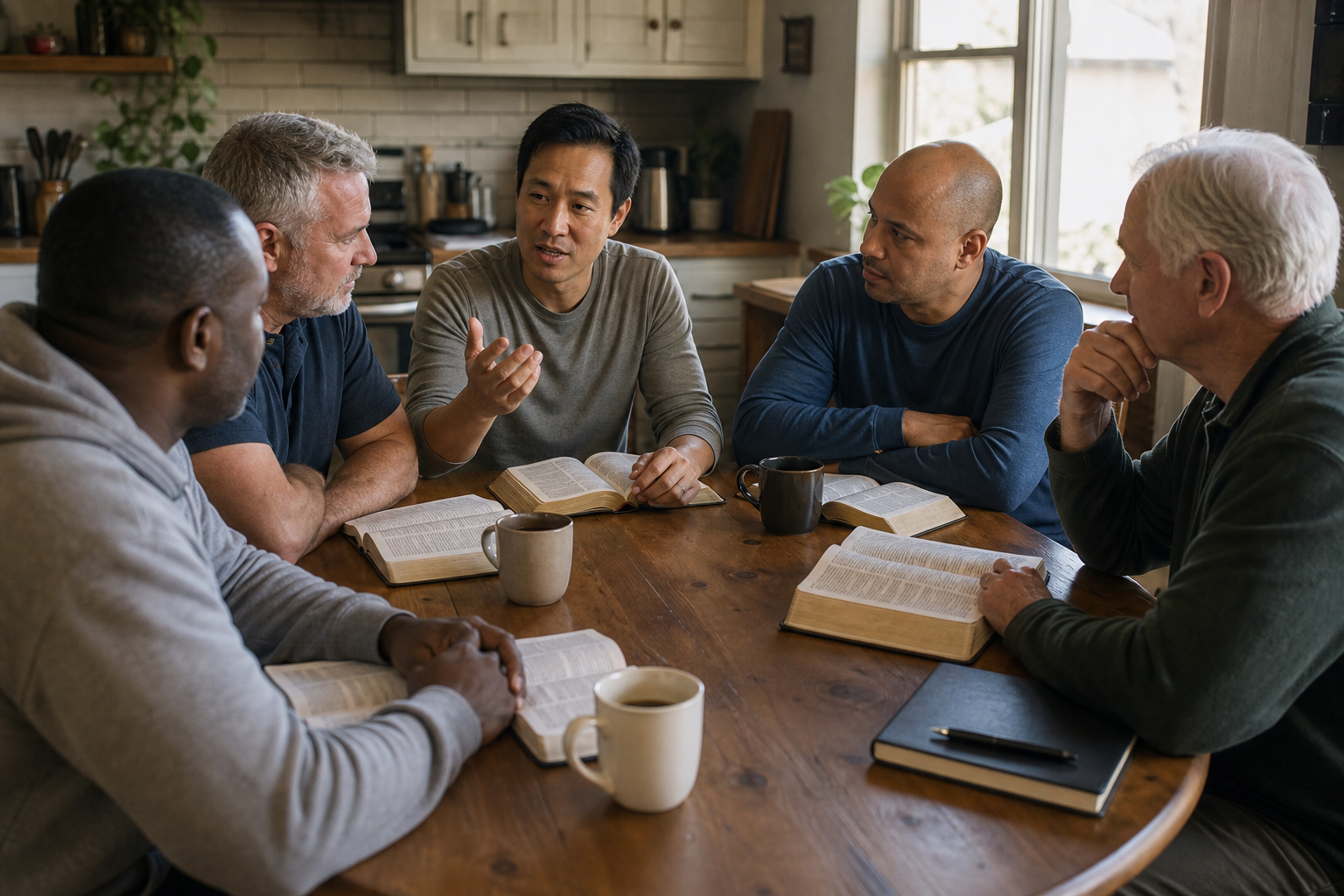 Homens reunidos para estudo bíblico, lendo e discutindo juntos